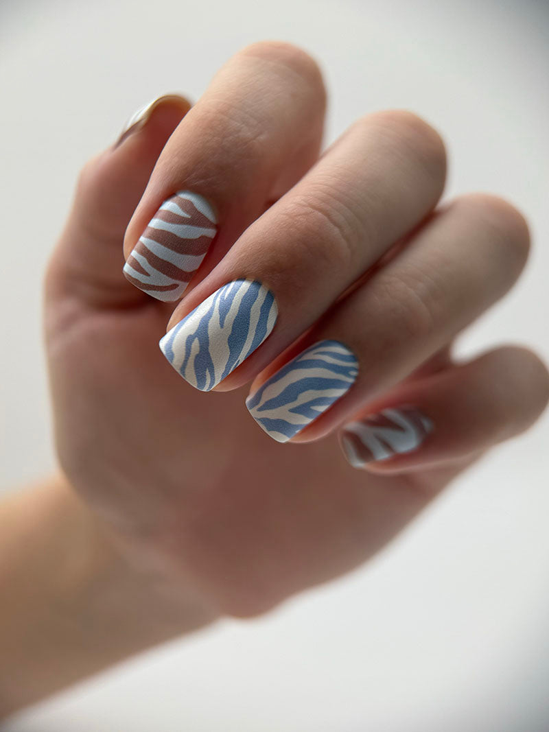 Manicure Mix animal. Blue brown Zebra. Nail wrap WM-934