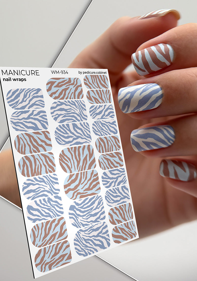 Manicure Mix animal. Blue brown Zebra. Nail wrap WM-934