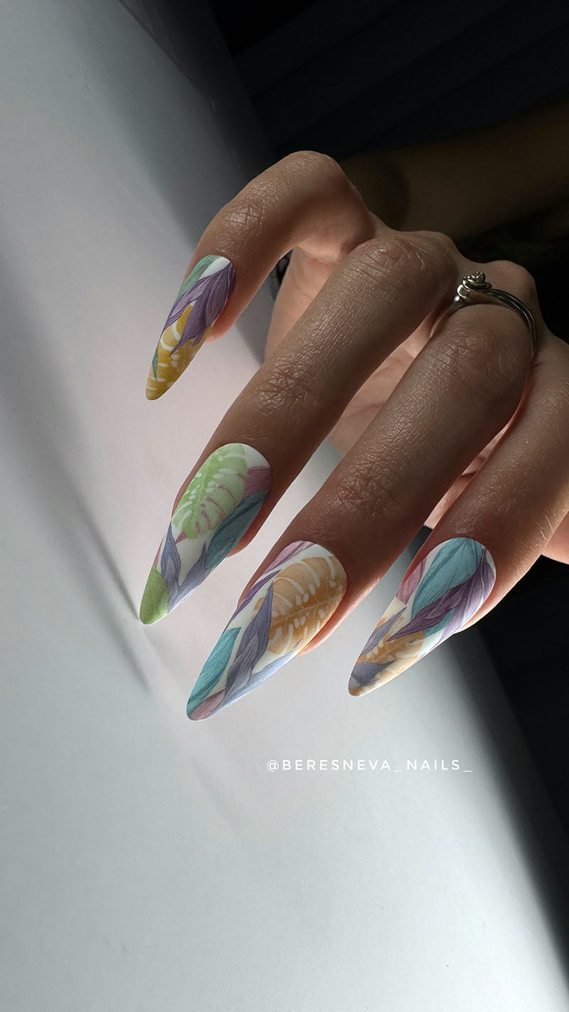 Manicure Large leaves. Pastel. Nail wrap WM-940