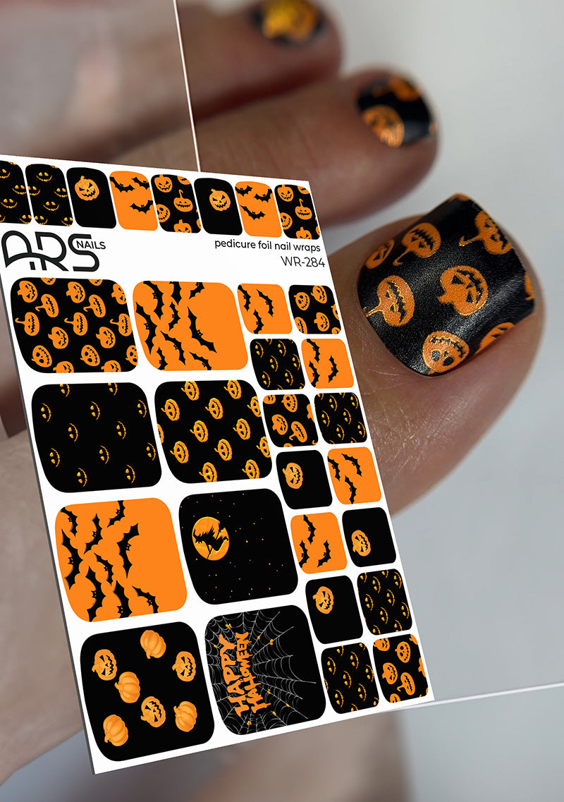 Pedicure Halloween orange. Colored Foil. Nail wraps WR-284