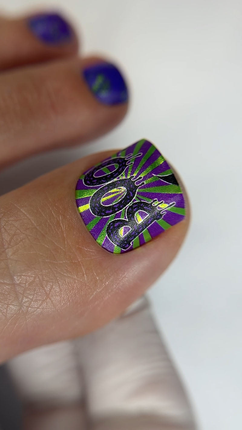 Pedicure Halloween purple. Colored Foil. Nail wraps WR-286
