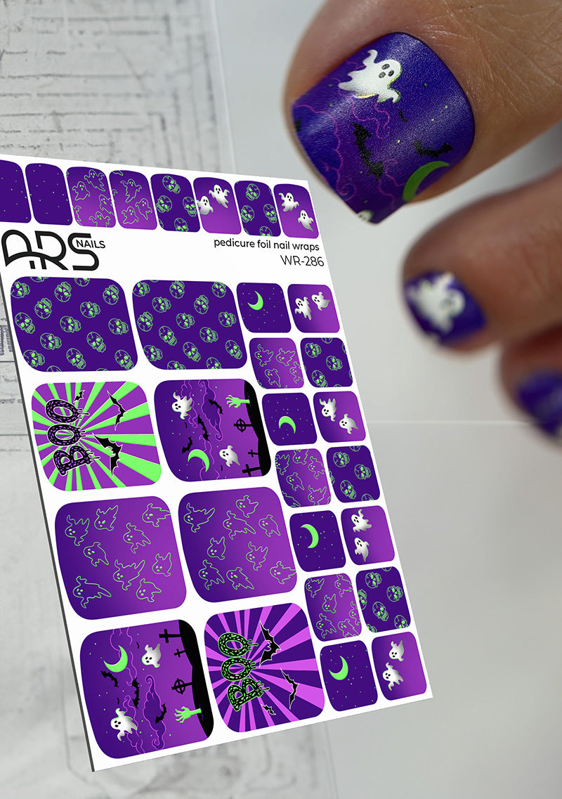 Pedicure Halloween purple. Colored Foil. Nail wraps WR-286