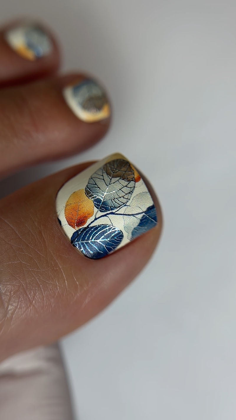 Pedicure Watercolor twigs. Silver Foil. Nail wraps WR-291