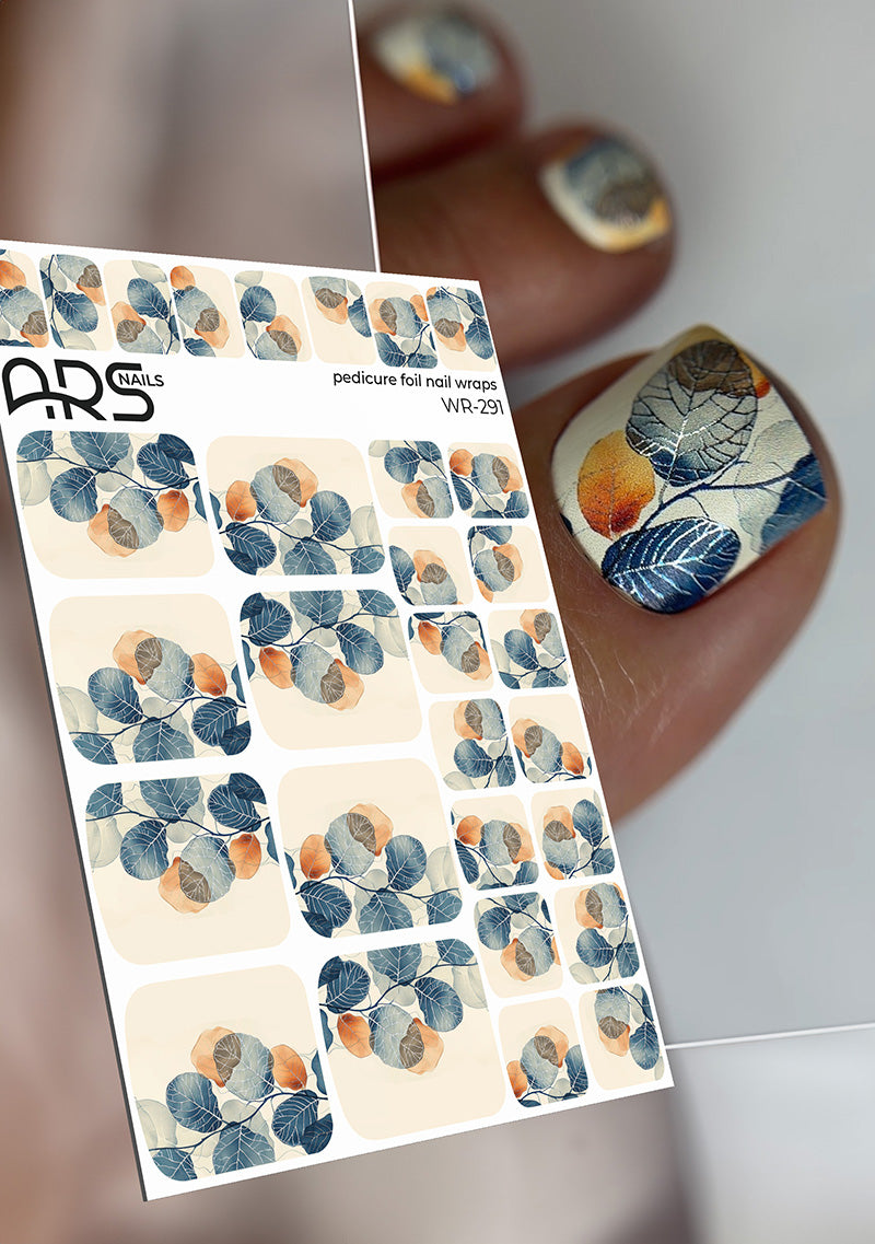 Pedicure Watercolor twigs. Silver Foil. Nail wraps WR-291
