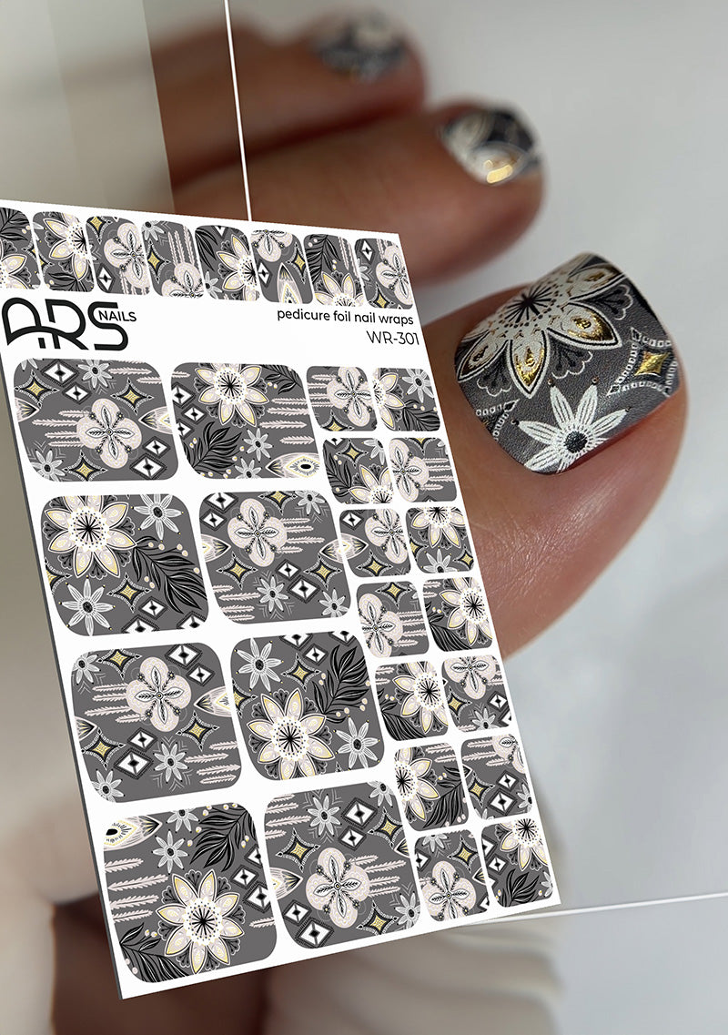 Pedicure Geometric flowers. Gold Foil. Nail wraps WR-301
