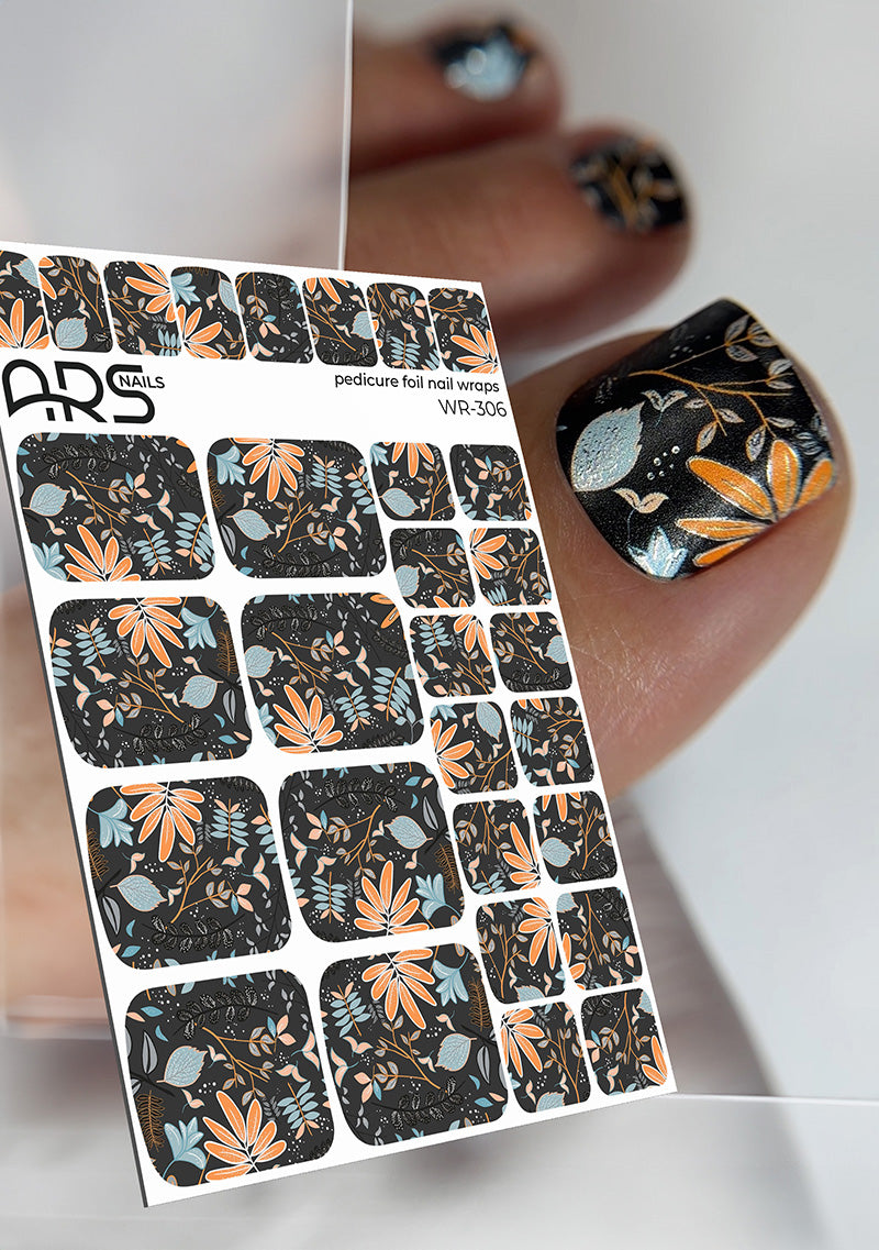 Pedicure Twigs with leaves. Silver Foil. Nail wraps WR-306