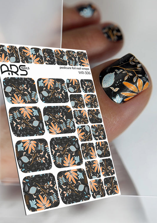 Pedicure Twigs with leaves. Silver Foil. Nail wraps WR-306