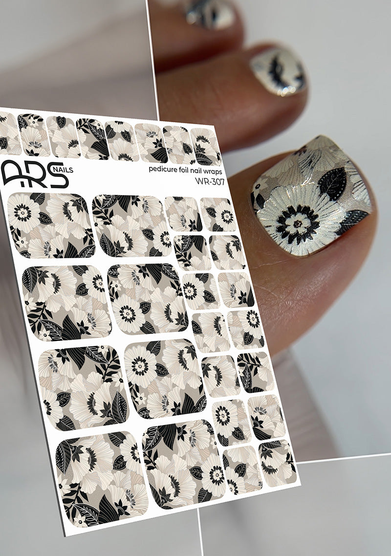 Pedicure Large flowers. Silver Foil. Nail wraps WR-307