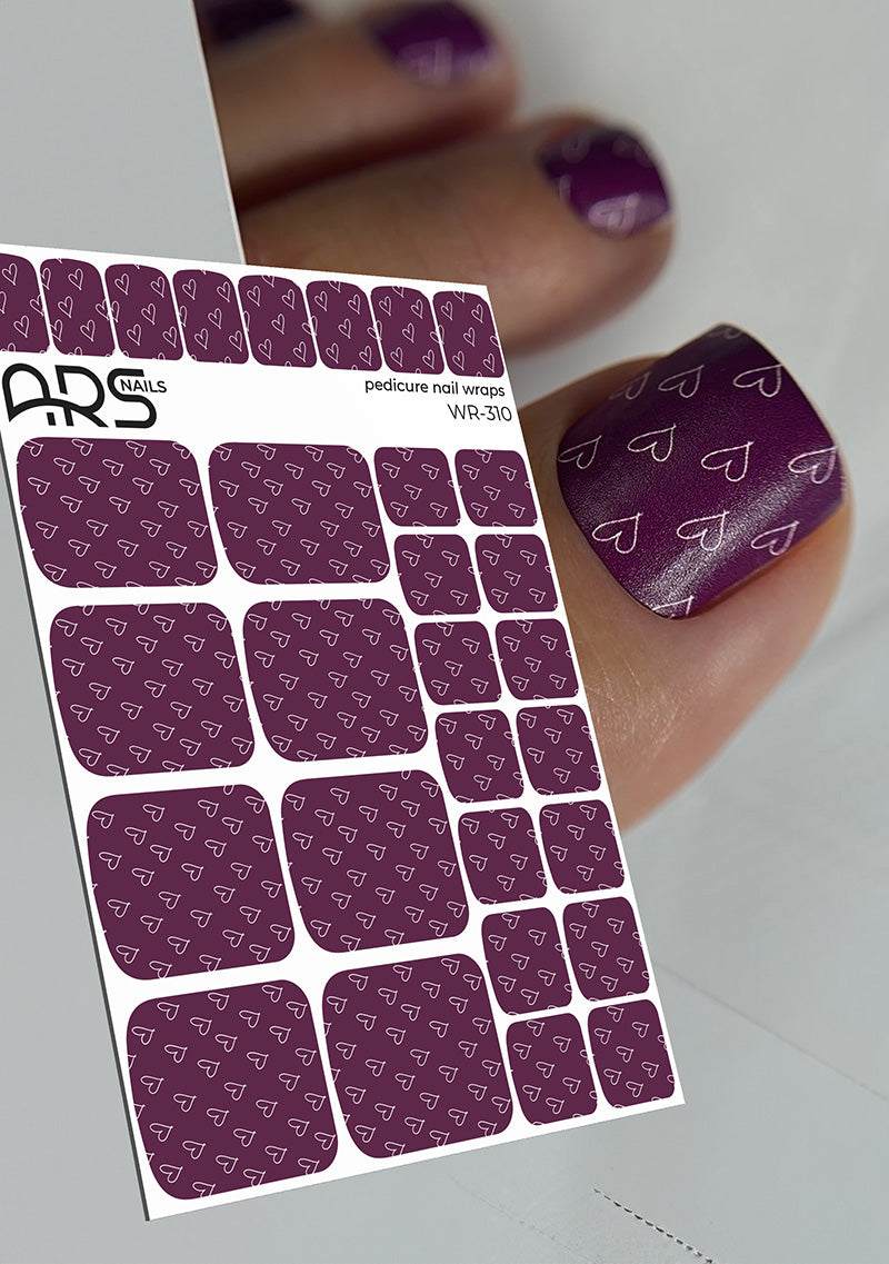Pedicure Hearts burgundy. Nail wraps WR-310
