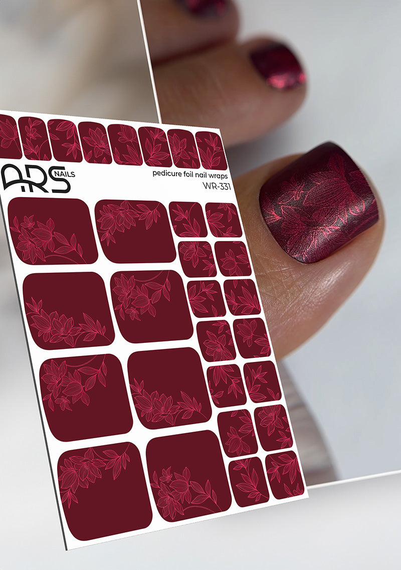 Pedicure Lilies on burgundy. Colored Foil. Nail wraps WR-331