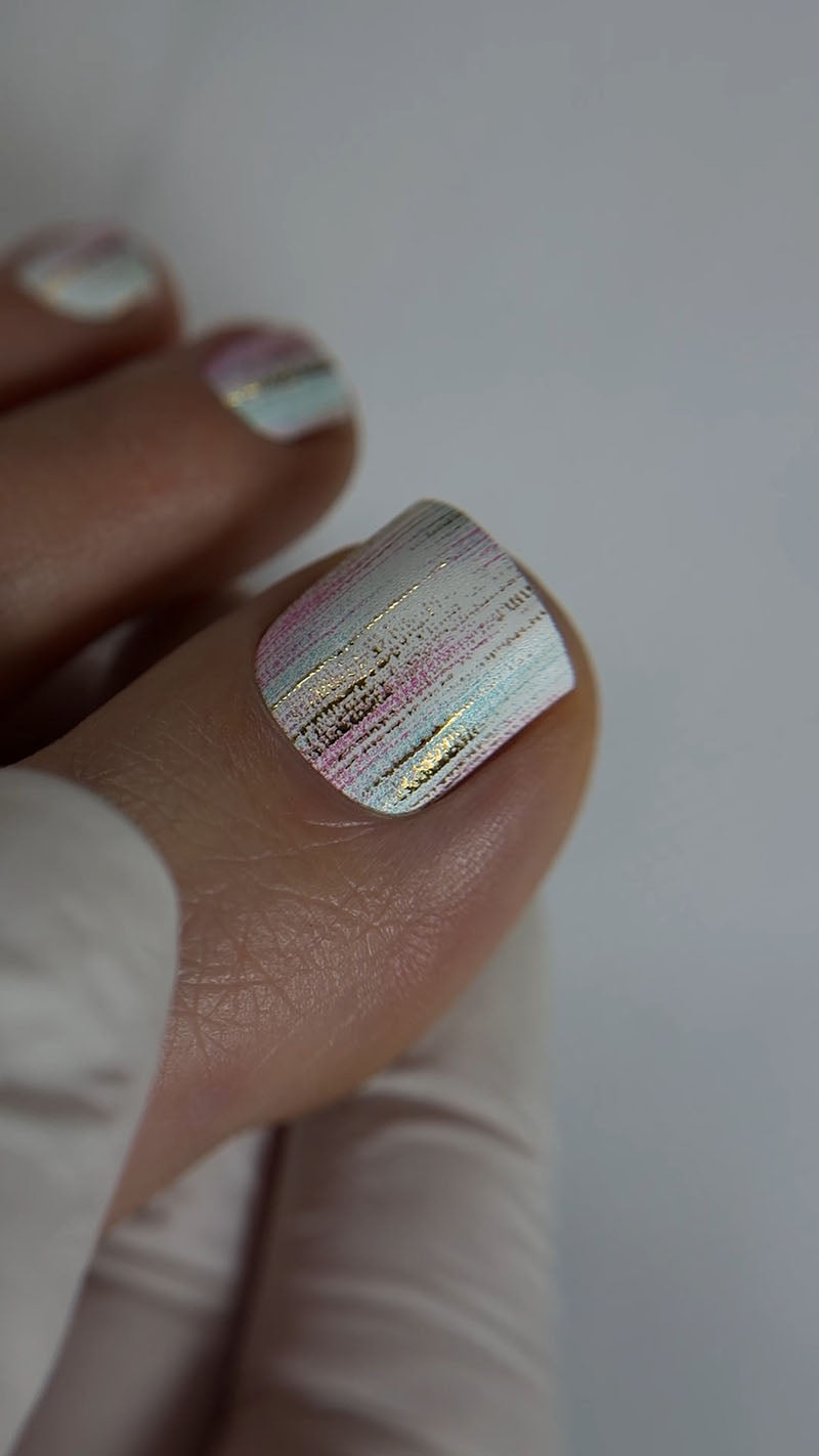 Pedicure Strokes with pink and blue. Gold Foil. Nail wraps WR-404