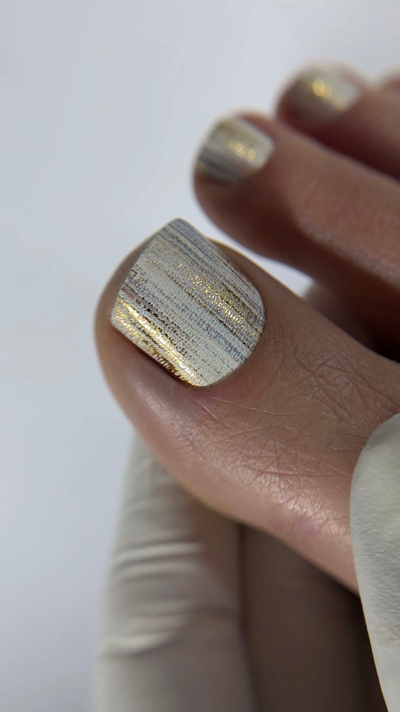 Pedicure Strokes with beige and gray. Gold Foil. Nail wraps WR-406