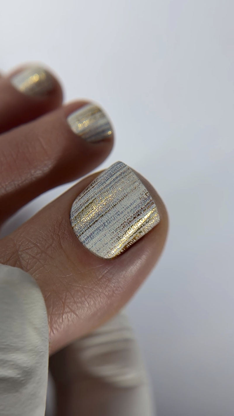 Pedicure Strokes with beige and gray. Gold Foil. Nail wraps WR-406