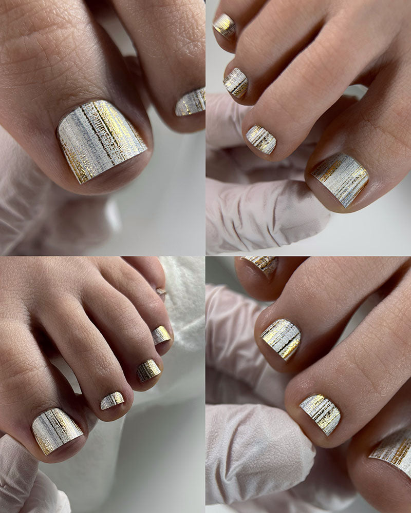 Pedicure Strokes with beige and gray. Gold Foil. Nail wraps WR-406