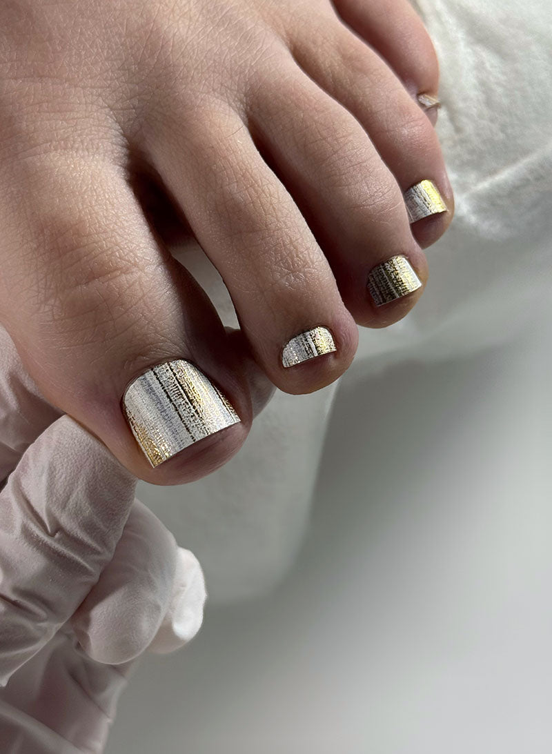 Pedicure Strokes with beige and gray. Gold Foil. Nail wraps WR-406