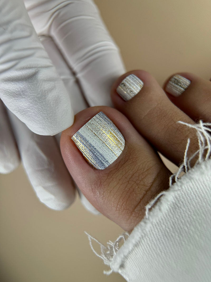 Pedicure Strokes with beige and gray. Gold Foil. Nail wraps WR-406