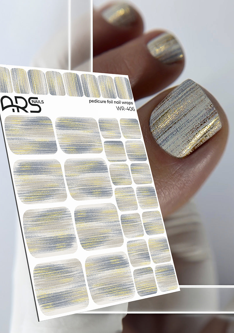 Pedicure Strokes with beige and gray. Gold Foil. Nail wraps WR-406
