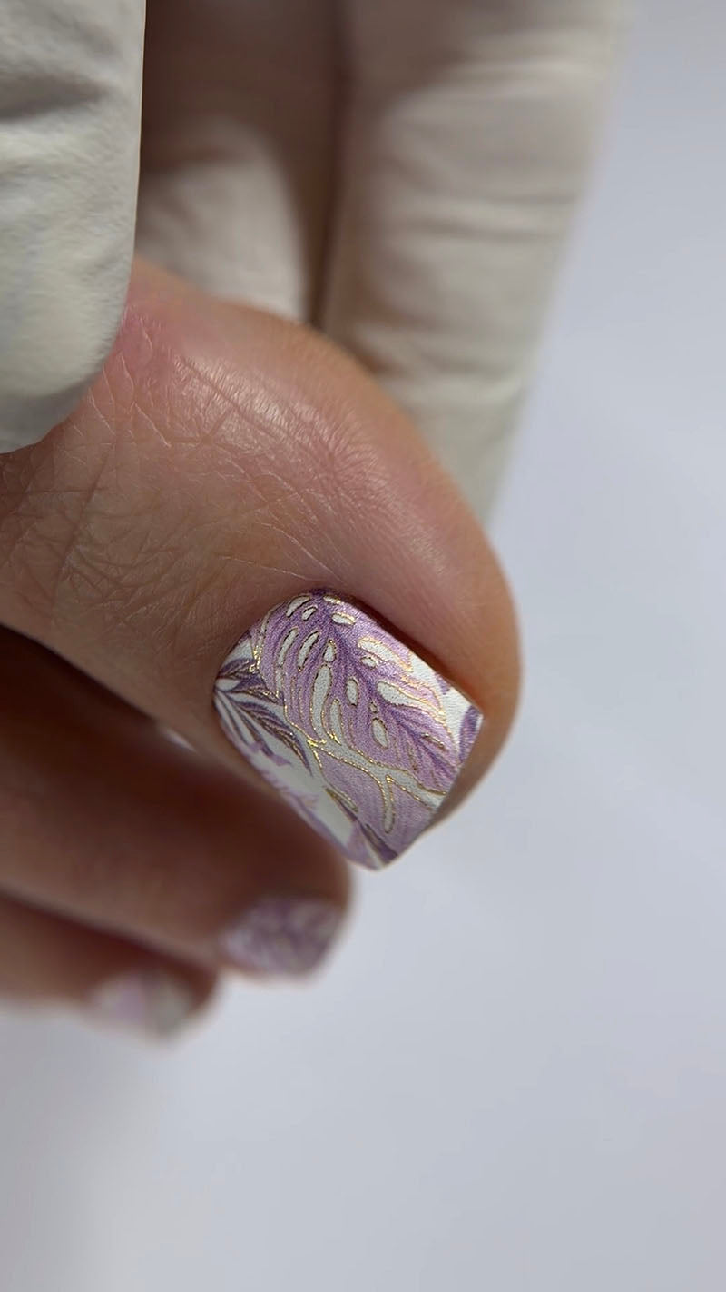 Pedicure Monstera pink. Gold Foil. Nail wraps WR-412