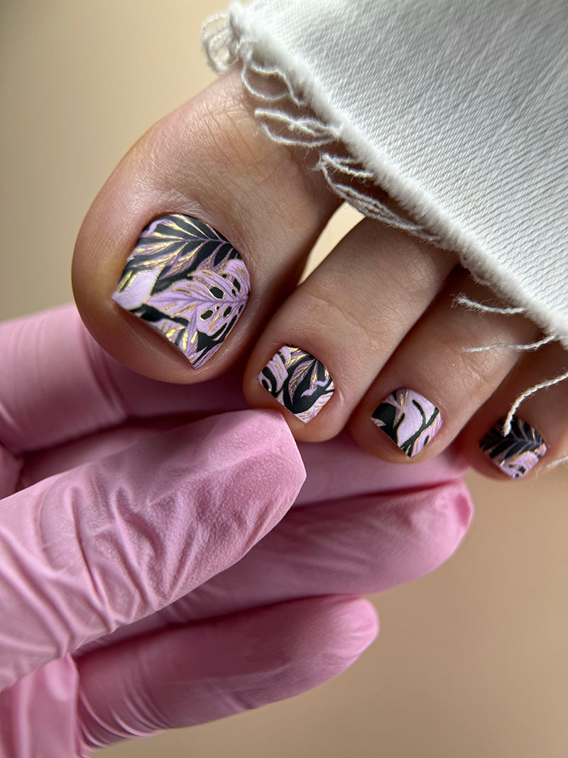 Pedicure Monstera pink. Gold Foil. Nail wraps WR-412