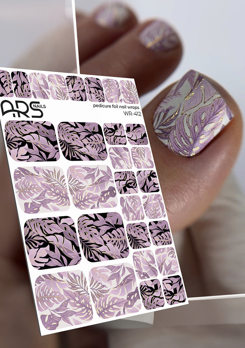Pedicure Monstera pink. Gold Foil. Nail wraps WR-412