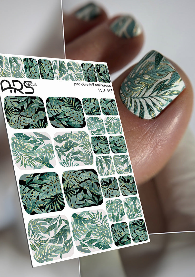 Pedicure Monstera green. Gold Foil. Nail wraps WR-413