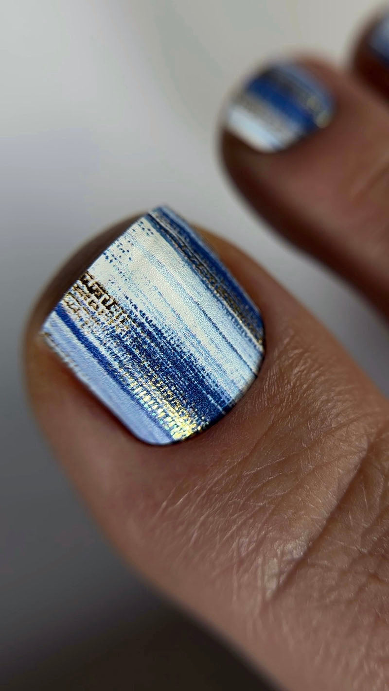 Pedicure Strokes with blue. Gold Foil. Nail wraps WR-420