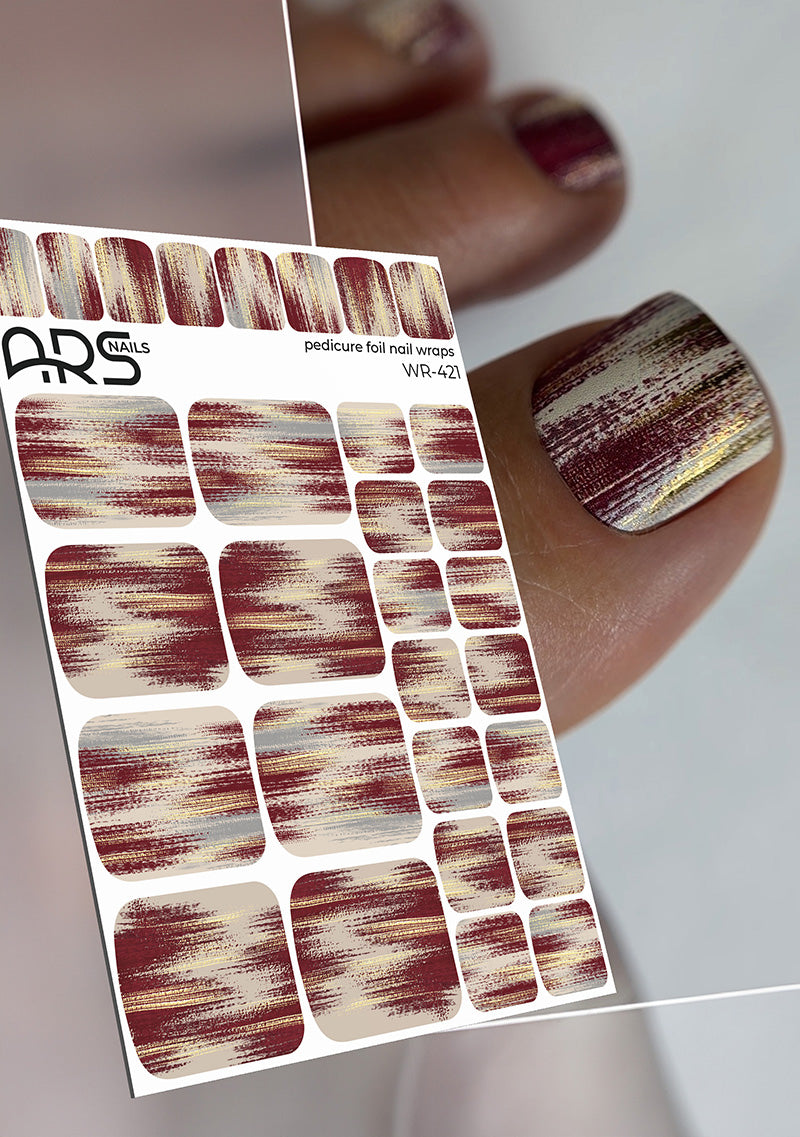Pedicure Strokes with burgundy. Gold Foil. Nail wraps WR-421