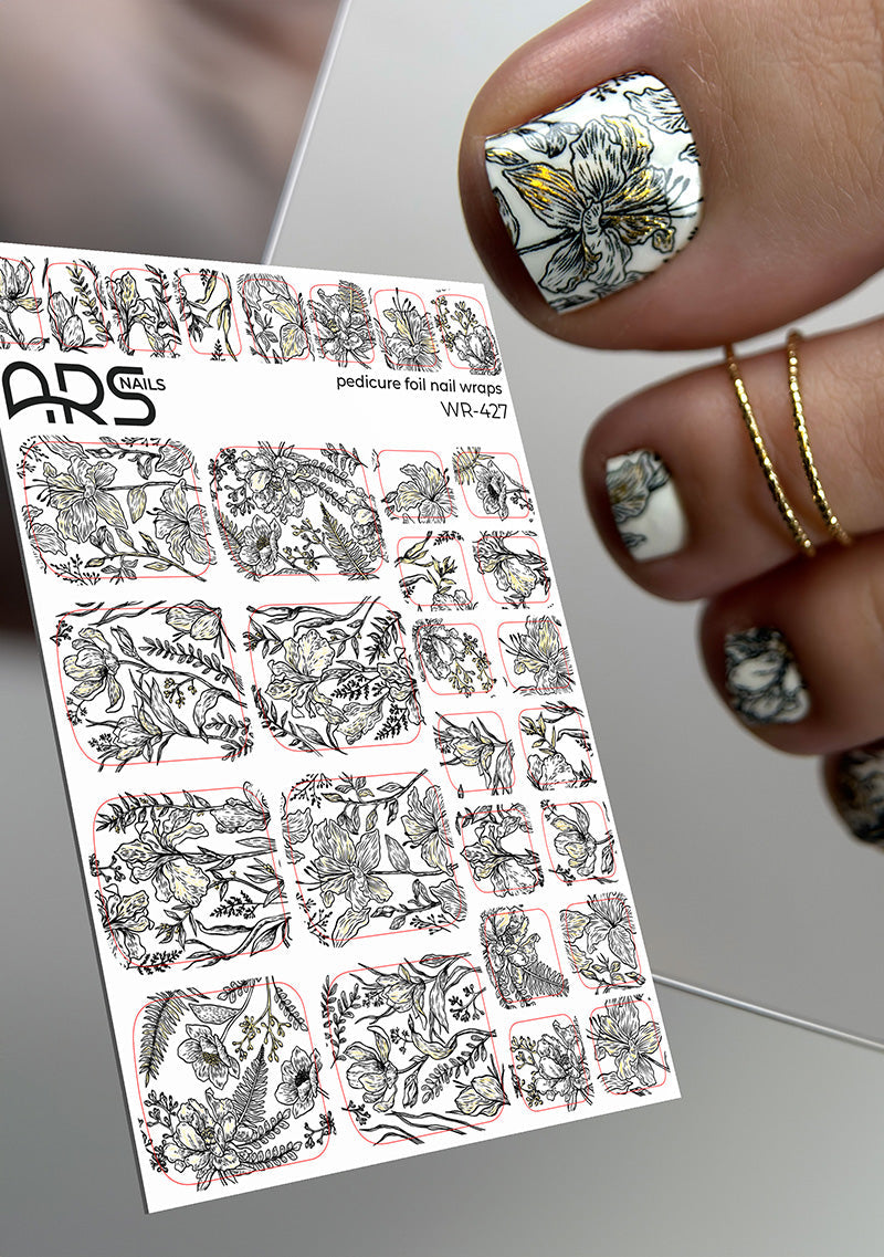 Pedicure Black flowers on white. Gold Foil. Nail wraps WR-427