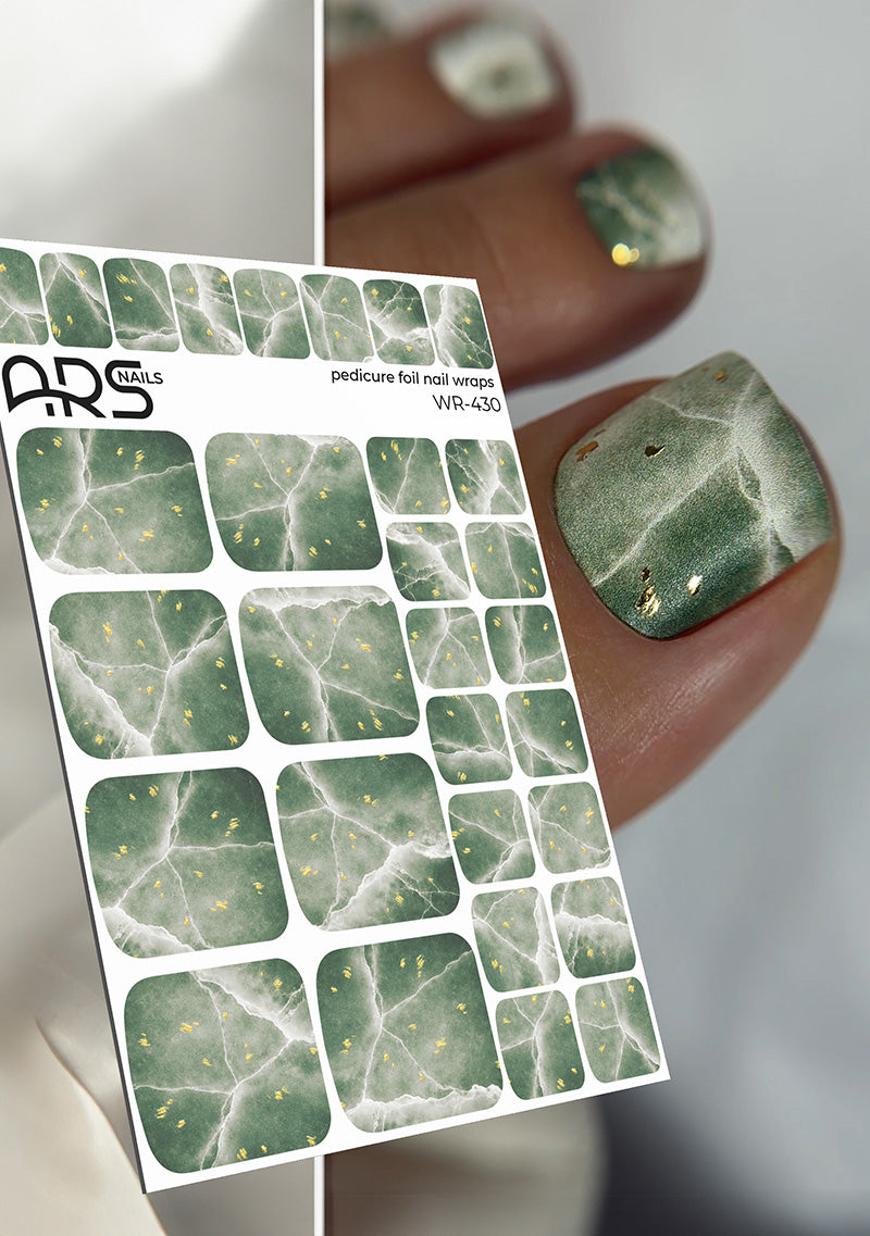Pedicure Cracks on green. Gold Foil. Nail wraps WR-430