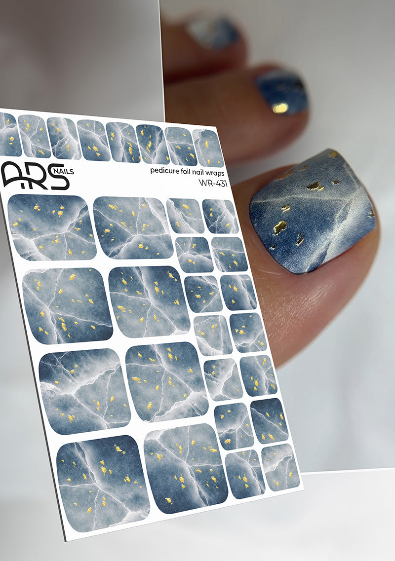 Pedicure Cracks on dark blue. Gold Foil. Nail wraps WR-431