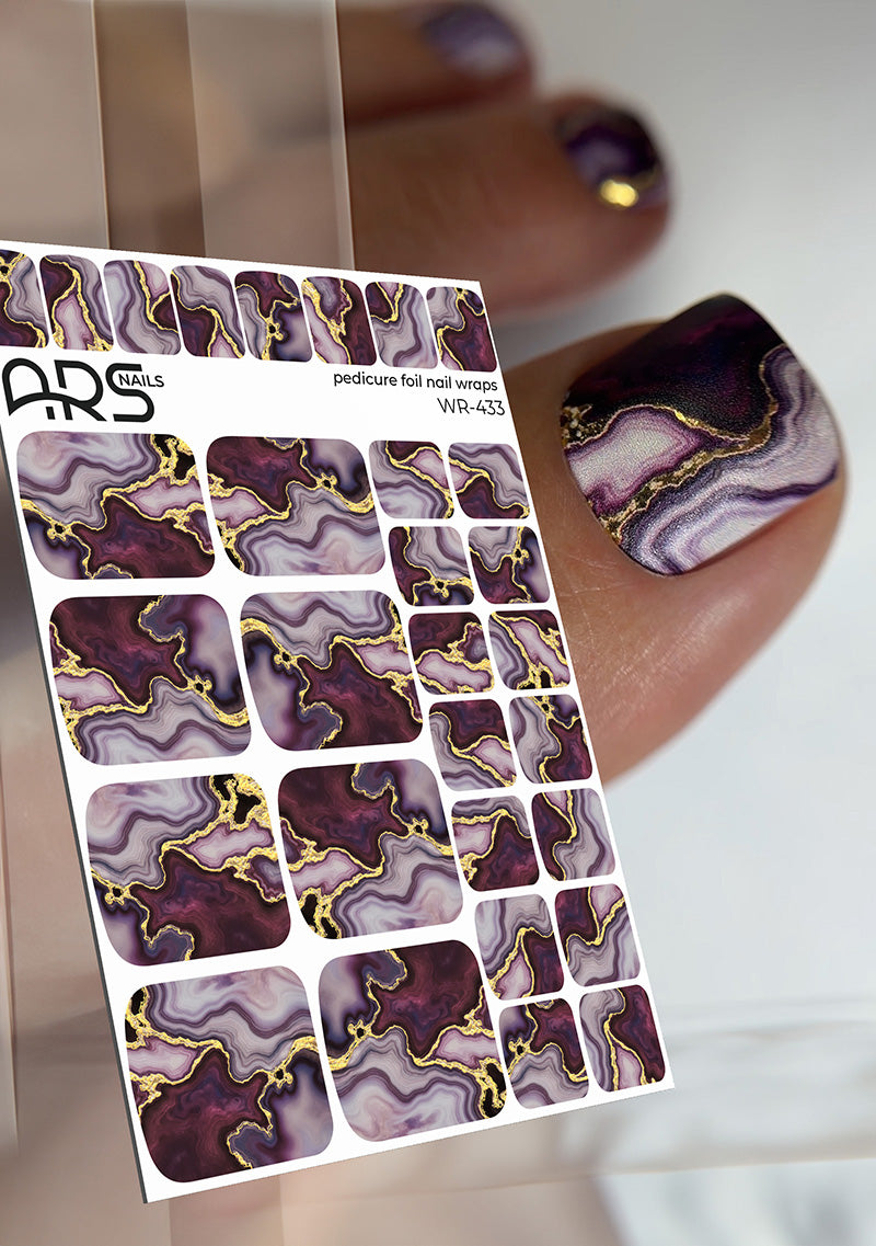 Pedicure Marble with burgundy. Gold Foil. Nail wraps WR-433