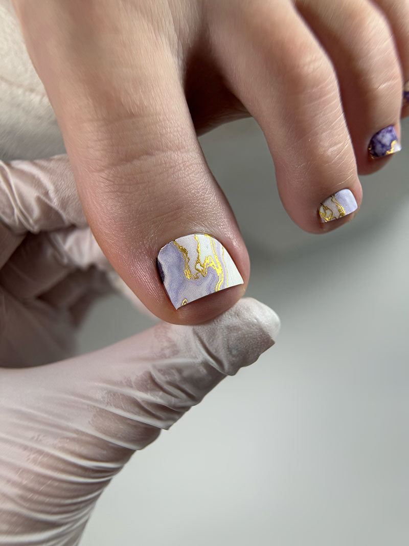 Pedicure Marble with purple. Gold Foil. Nail wraps WR-434