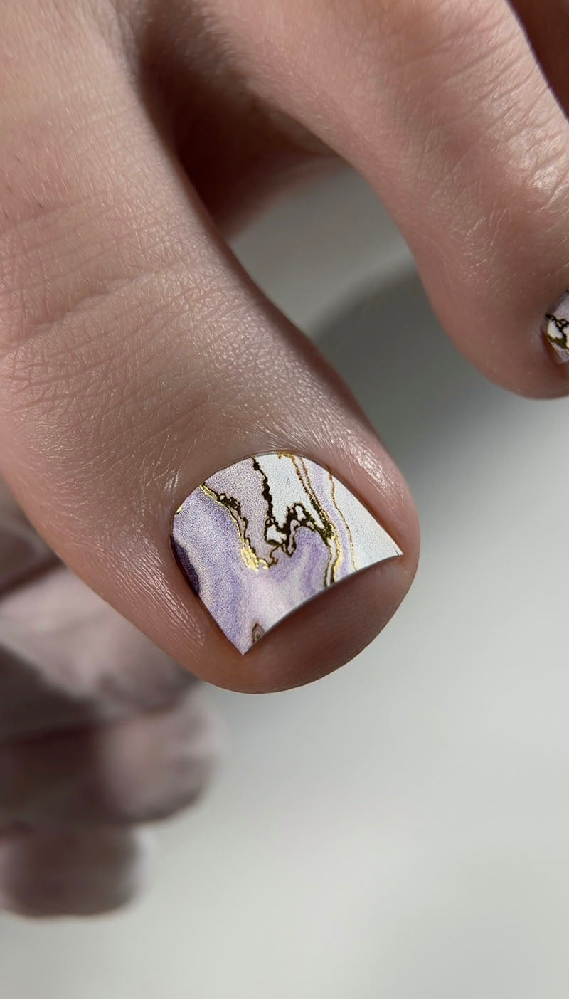 Pedicure Marble with purple. Gold Foil. Nail wraps WR-434