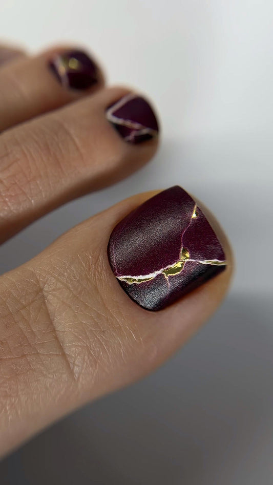 Pedicure Burgundy with white stripe. Gold Foil. Nail wraps WR-446