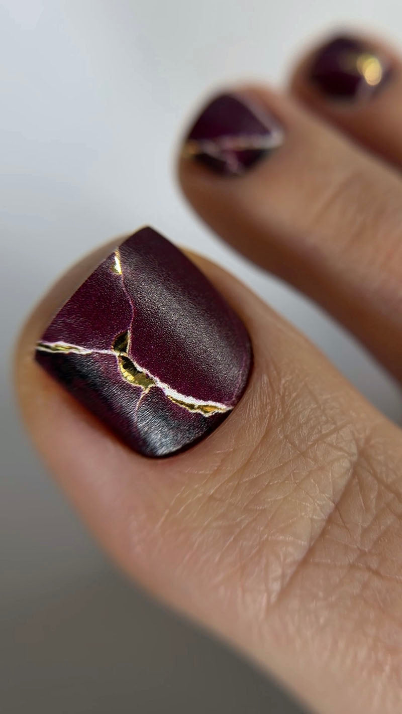 Pedicure Burgundy with white stripe. Gold Foil. Nail wraps WR-446