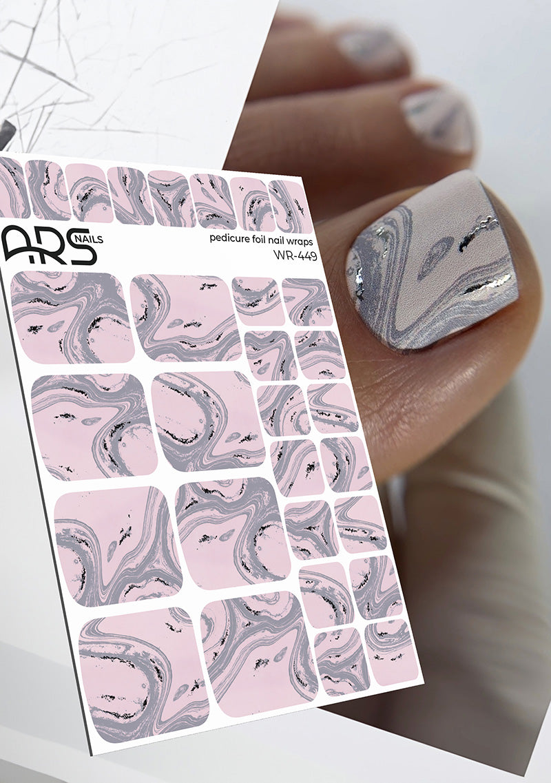 Pedicure Divorces. Pink and gray. Silver Foil. Nail wraps WR-449