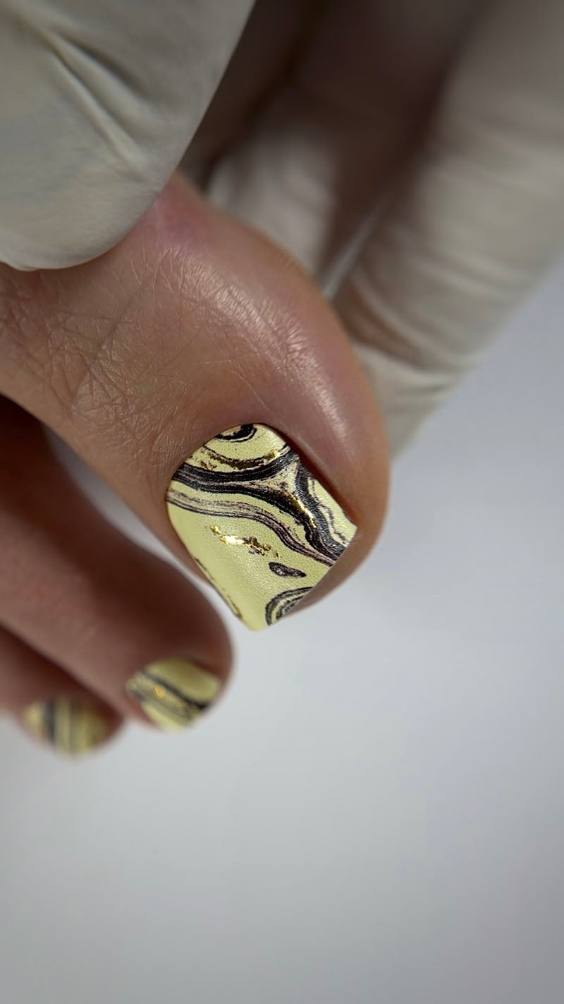 Pedicure Divorces. Yellow and brown. Gold Foil. Nail wraps WR-451