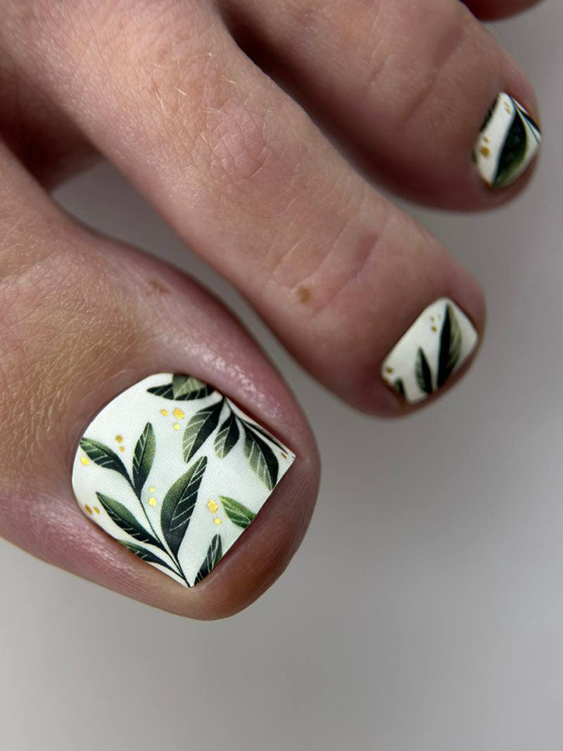 Pedicure Green twigs. Gold Foil. Nail wraps WR-454