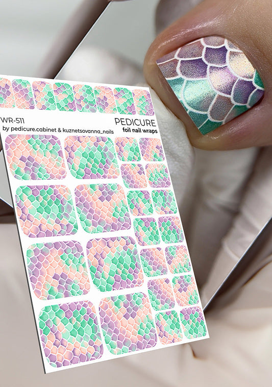 Pedicure Mermaid. Lilac and Green. Colored Foil. Nail wraps WR-511