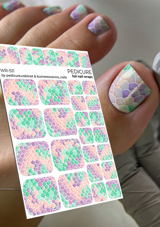 Pedicure Mermaid. Lilac and Green. Colored Foil. Nail wraps WR-511