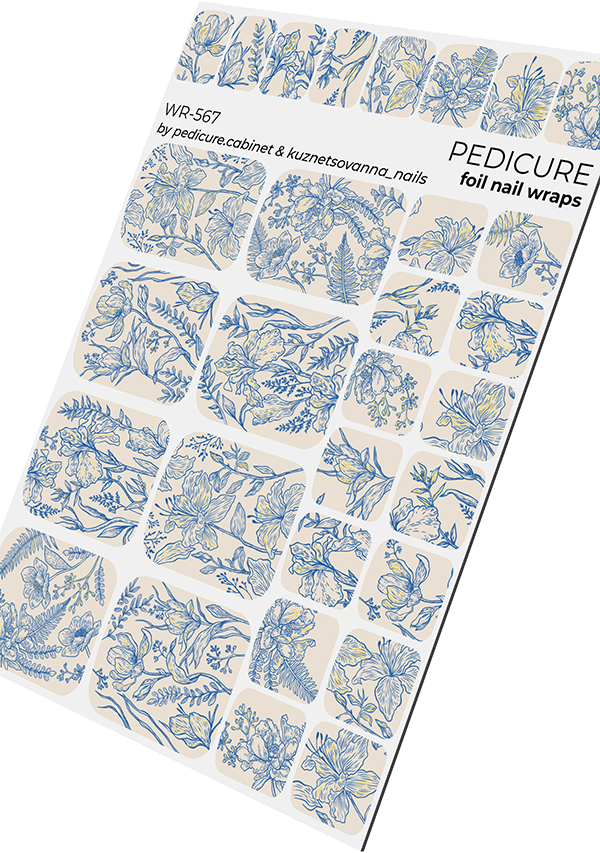 Pedicure Blue Flowers. Gold Foil. Nail wraps WR-567