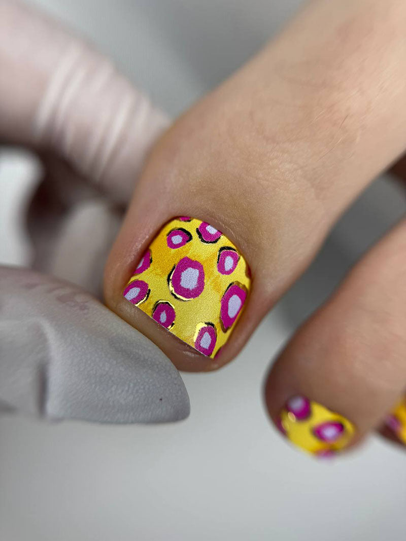 Pedicure Purple Spots. Yellow Background. Foil gold. Nail wrap WR-601