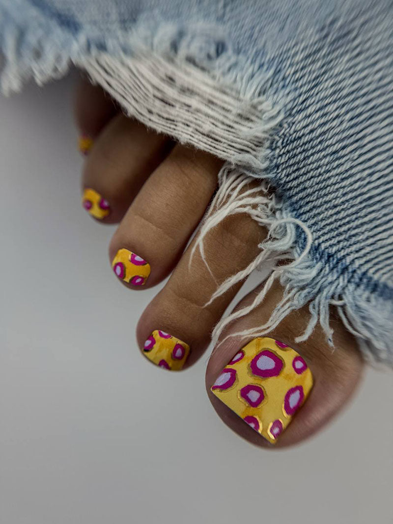 Pedicure Purple Spots. Yellow Background. Foil gold. Nail wrap WR-601