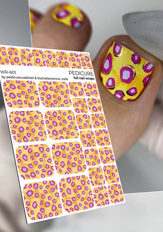 Pedicure Purple Spots. Yellow Background. Foil gold. Nail wrap WR-601