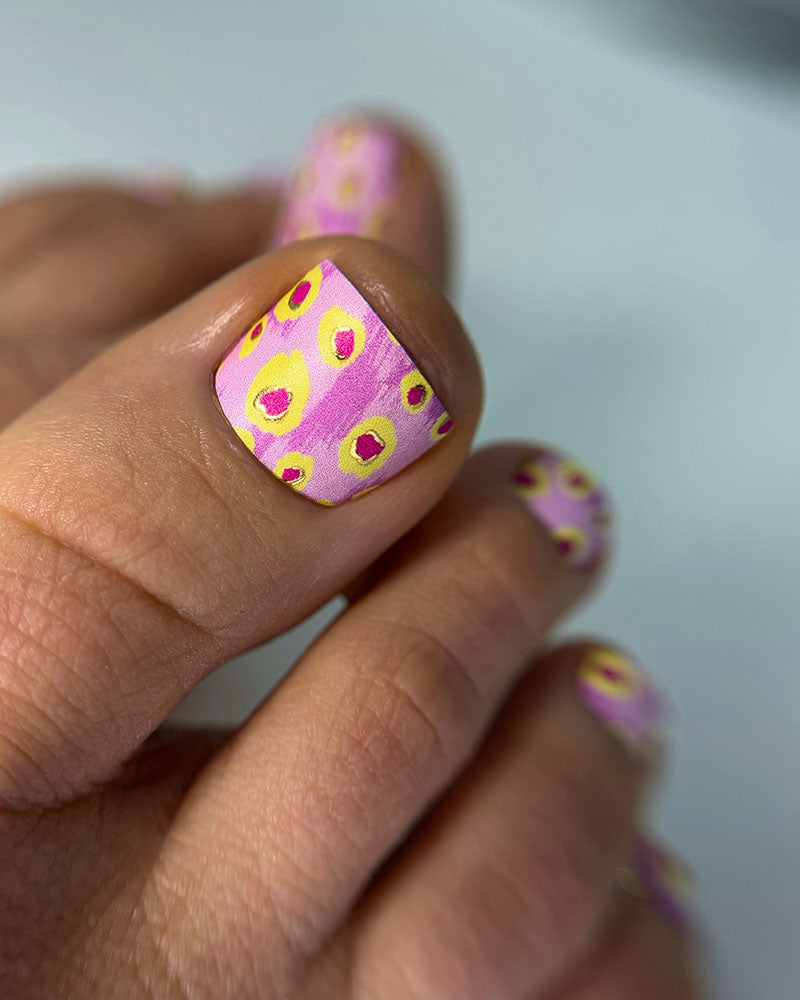 Pedicure Yellow Spots. Pink Background. Foil gold. Nail wrap WR-602