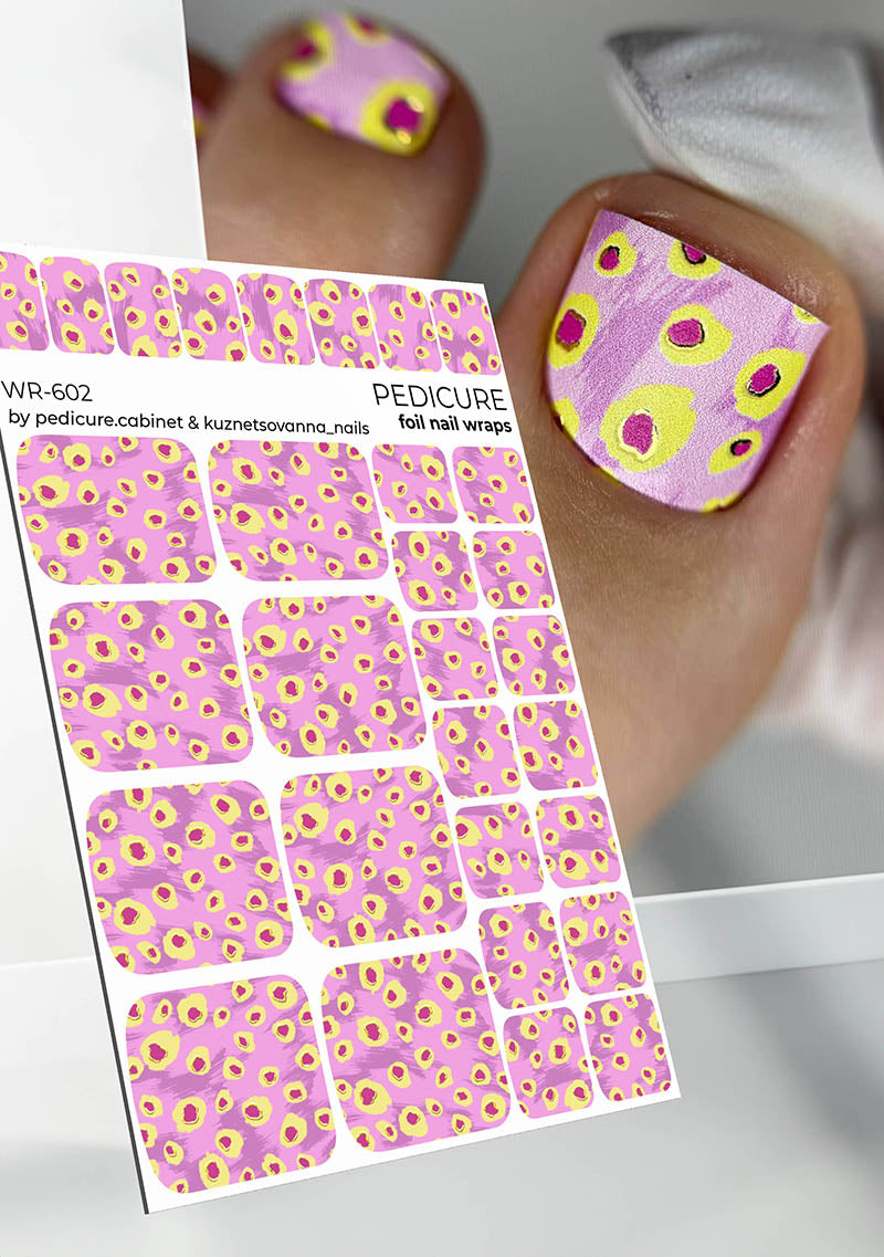 Pedicure Yellow Spots. Pink Background. Foil gold. Nail wrap WR-602