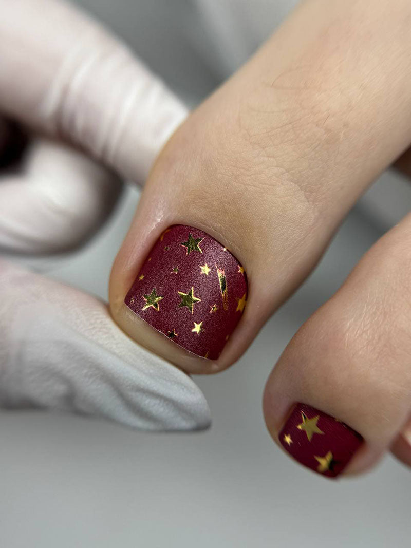 Pedicure Stars. Burgundy Background. Foil gold. Nail wrap WR-606