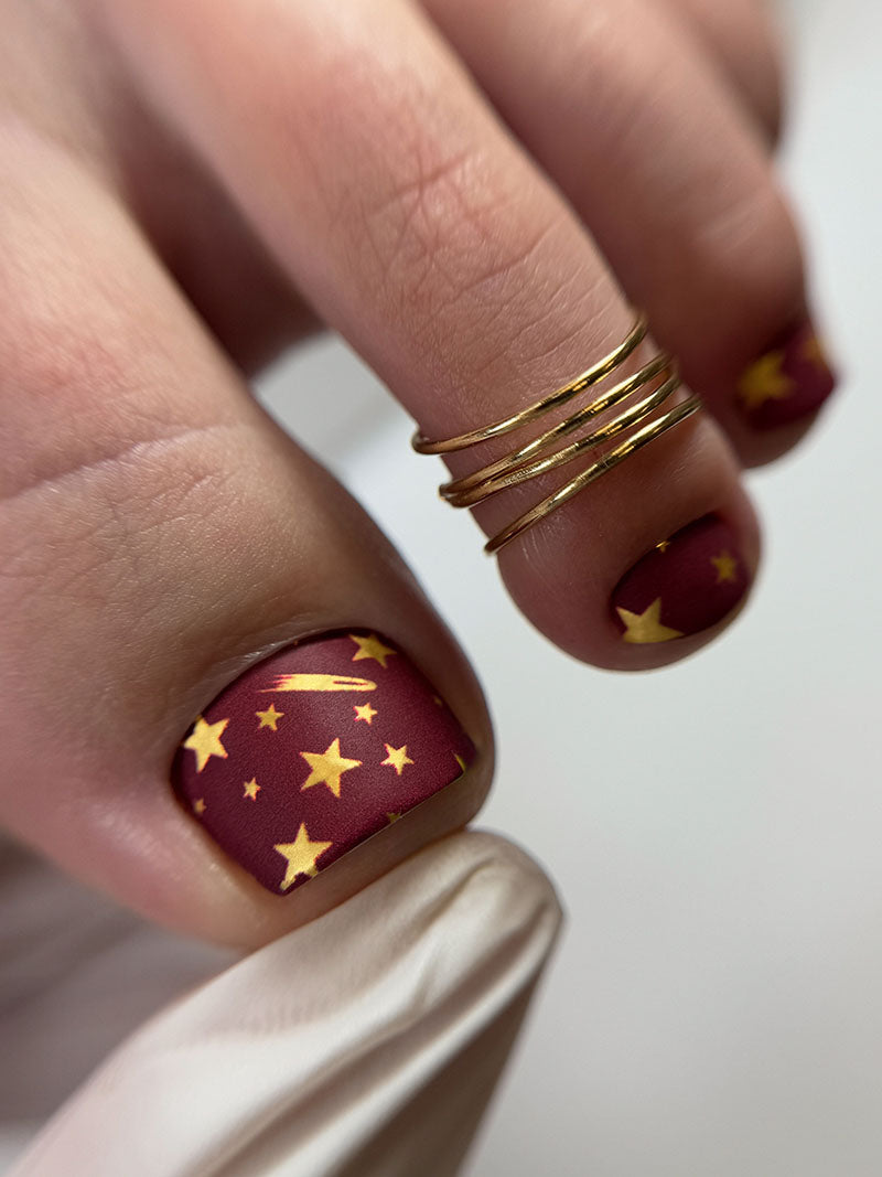 Pedicure Stars. Burgundy Background. Foil gold. Nail wrap WR-606