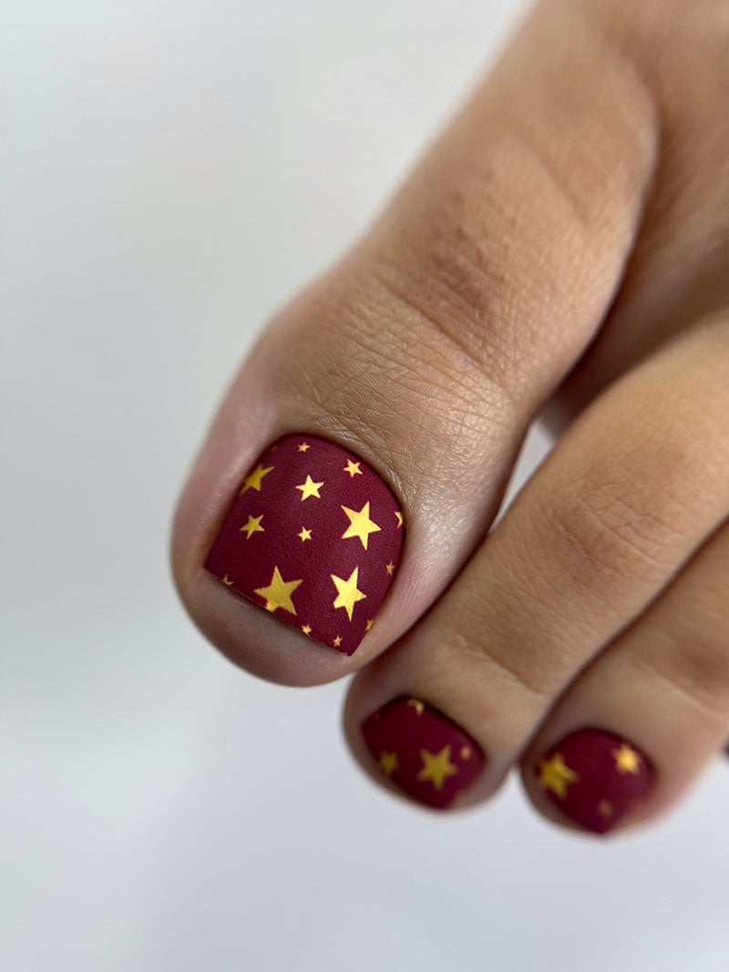 Pedicure Stars. Burgundy Background. Foil gold. Nail wrap WR-606