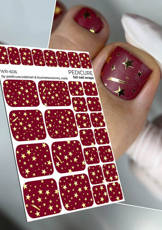 Pedicure Stars. Burgundy Background. Foil gold. Nail wrap WR-606